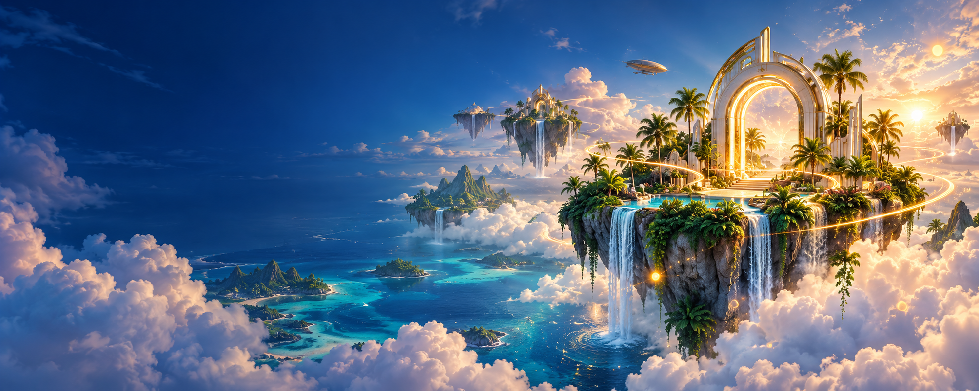Dreamlike floating tropical islands above a turquoise ocean